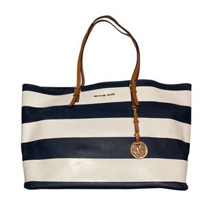 Michael Kors Jet Set Large Tote Bag Navy Blue White Stripe Saffiano Leather Gold
